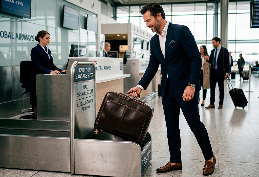 Stylish man in navy suit checking leather carry-on size at airport baggage sizer