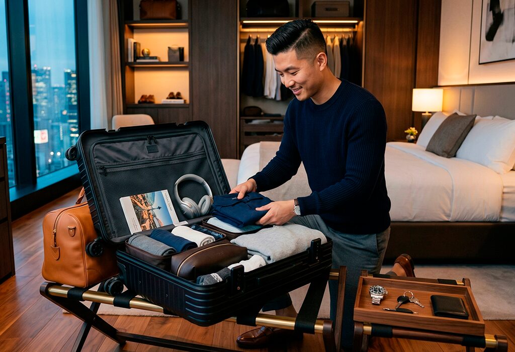 Man organizing neatly folded clothes inside carry-on suitcase in modern hotel room