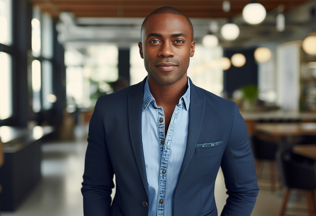 guy wearing denim shirt with suit jacket