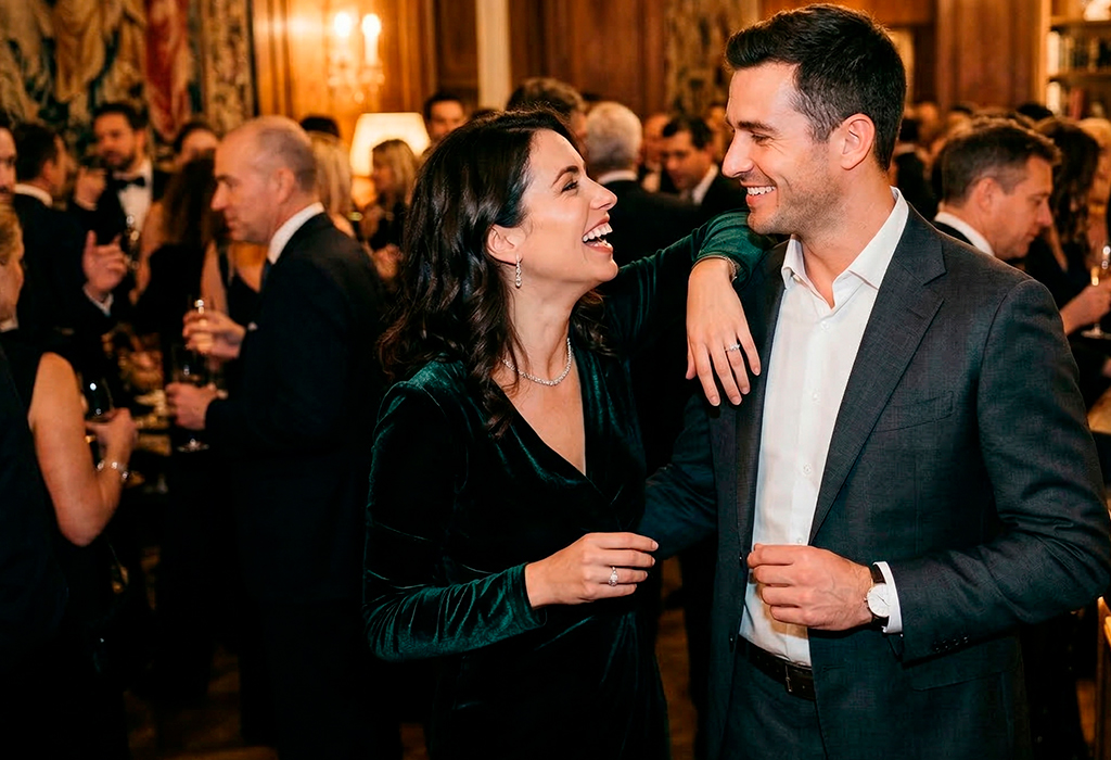 Well-dressed man smiling and chatting confidently with woman at an elegant evening party.