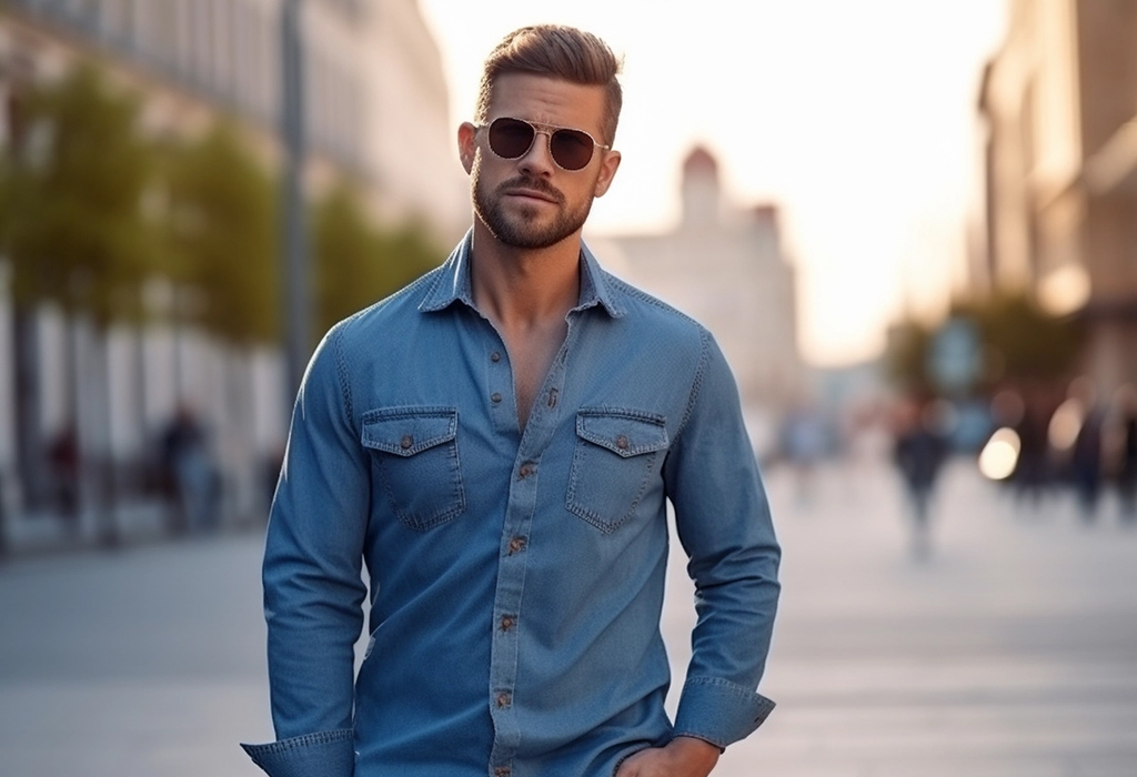 man wearing denim shirt