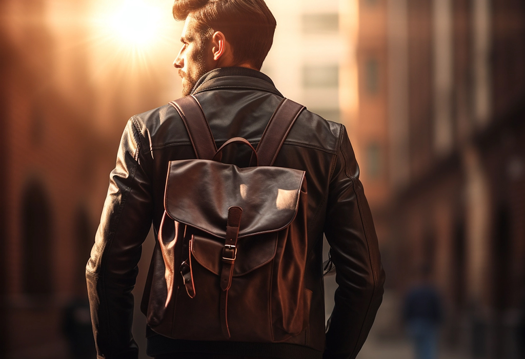 man in leather jacket with leather backpack