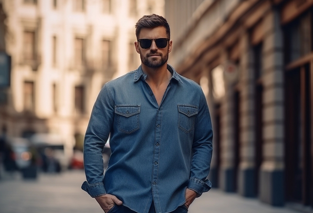 man wearing denim overshirt