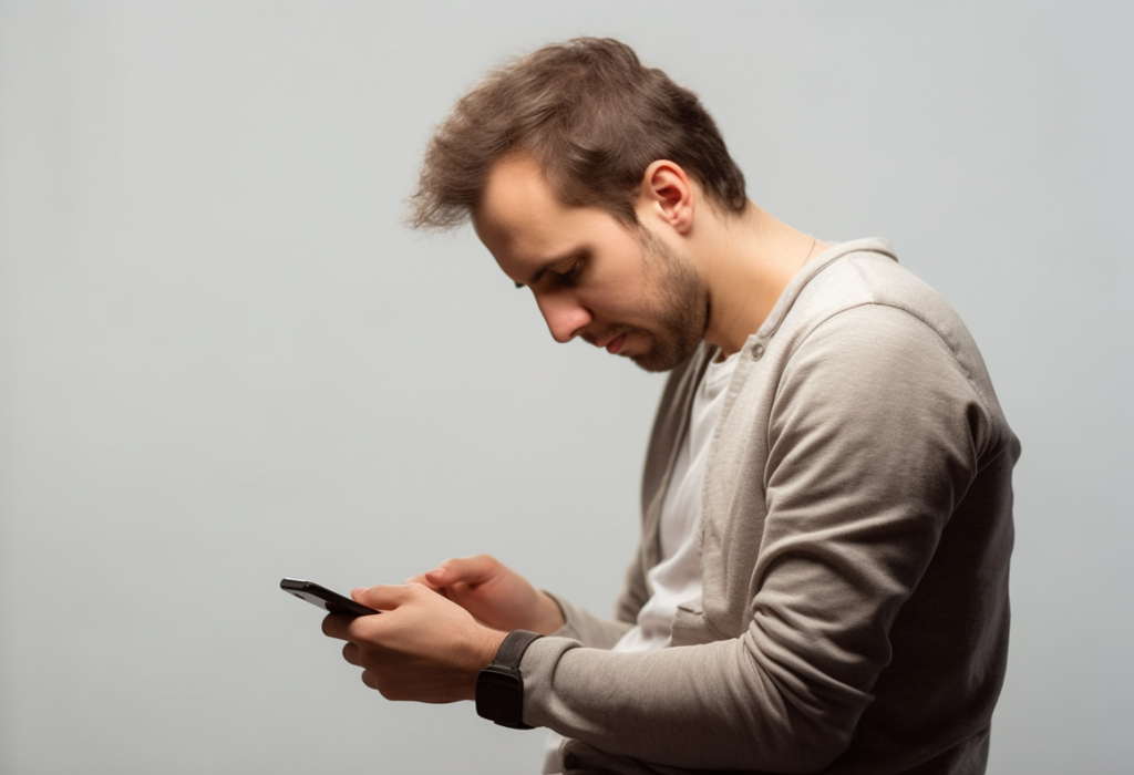 Young man slouching forward while looking at phone