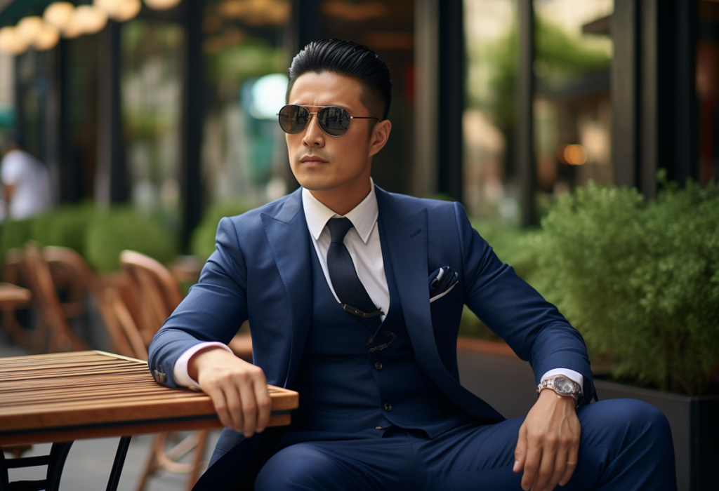 man wearing navy suit