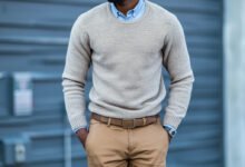 man wearing button down shirt with crew neck sweater and chinos