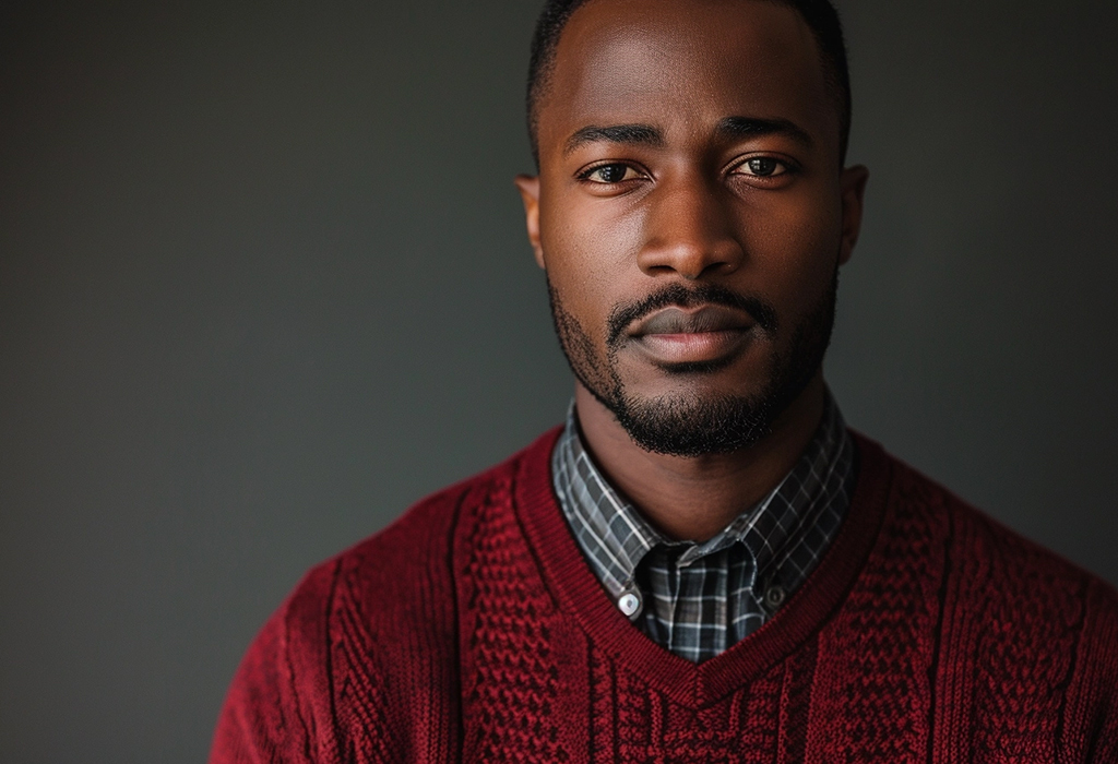 man in shirt and v-neck dark red sweater