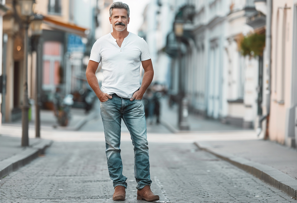man-with-a-mustache-wearing-blue-boot-cut-jeans