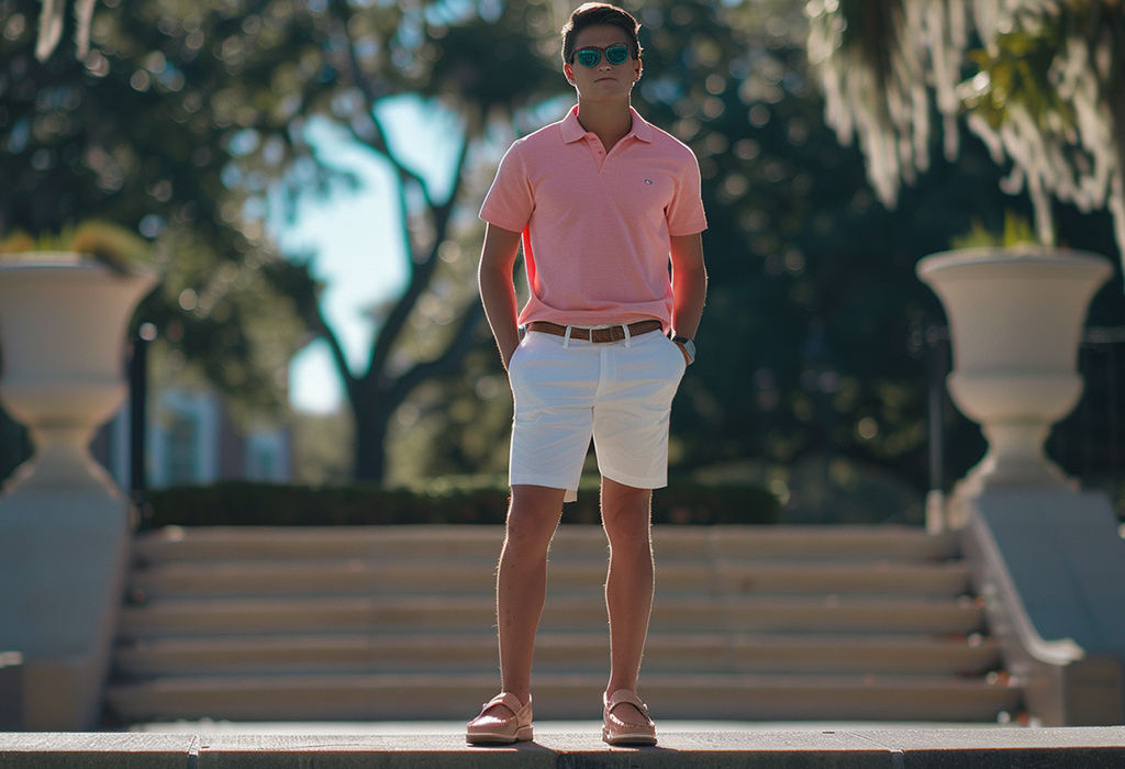 man wearing pink polo and white shorts