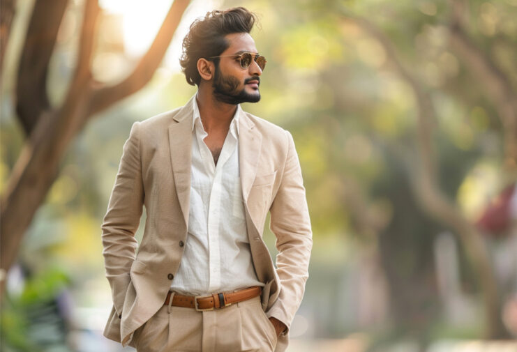 man wearing a classic tan linen suit in summer