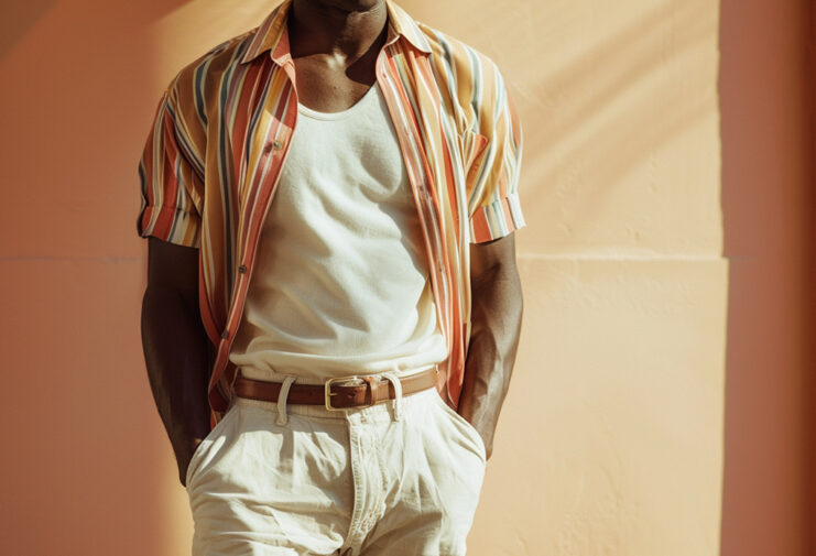 man wearing a ribbed white tank top tucked into cream linen pants