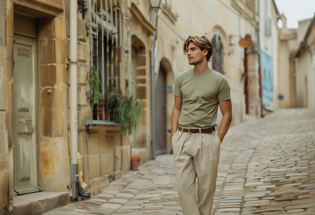 Man walking through a European street wearing a sage green t-shirt and beige pleated linen trousers in a relaxed, neutral-toned outfit