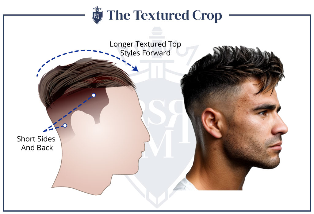 Diagram and photo example of the textured crop hairstyle featuring short sides and back with a longer, styled-forward top.