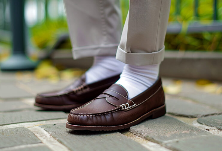 pair of dark brown loafers paired with white socks