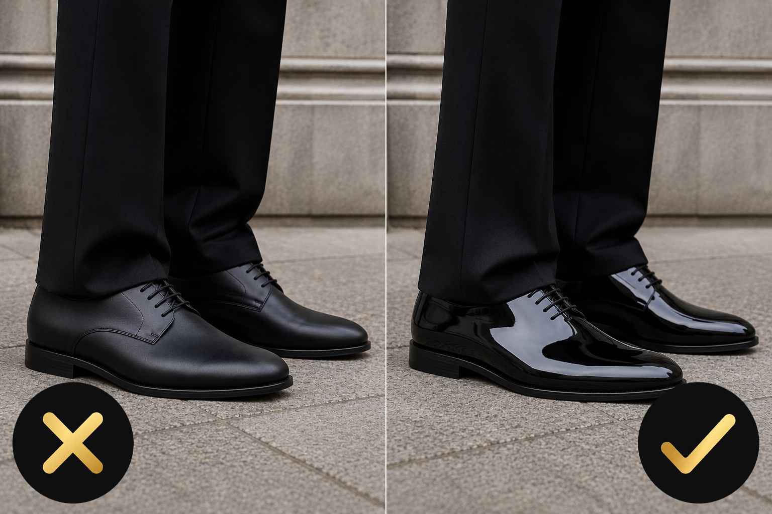 Matte black derby shoes compared with patent leather wholecuts for proper black tie footwear.