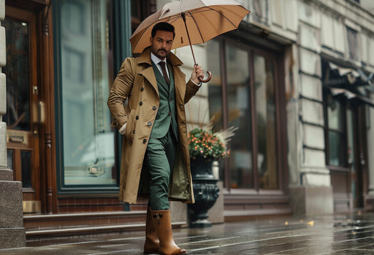 man wearing a long and dramatic tan trench coat over a green tweed suit and tall brown rubber rain boots, holding an elegant wood-handled umbrella
