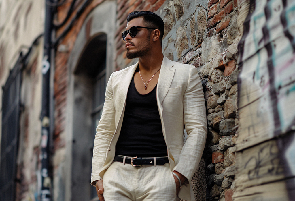 man wearing am off-white/cream linen suit with a black tank top, tucked in, with black shades