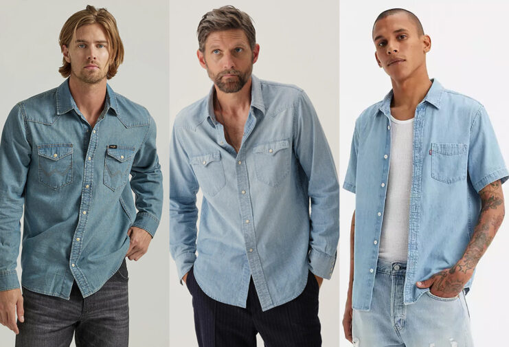 collage of three men wearing denim shirts