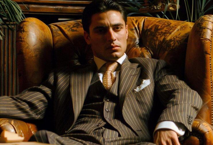 suave-looking male mobster sitting in a plush leather chair and wearing a fine Italian pinstripe suit