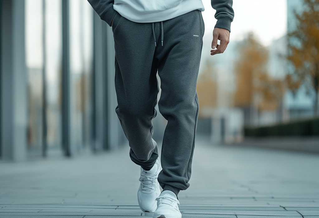 Close-up of man walking in charcoal gray joggers and white sneakers, modern urban athleisure look