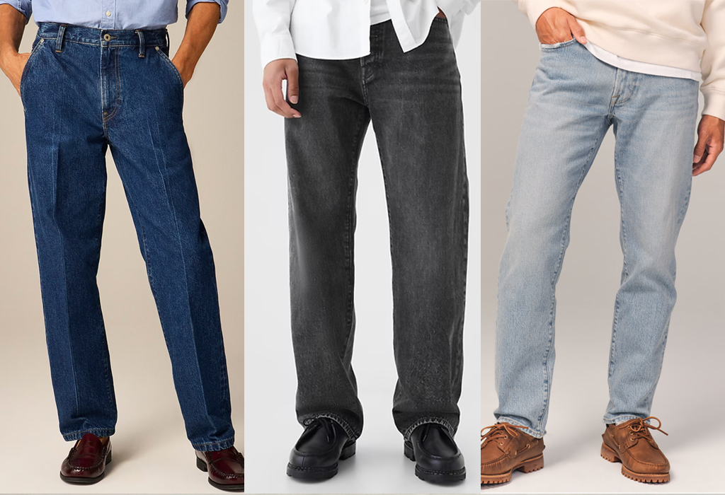 three men wearing various styles of winter jeans