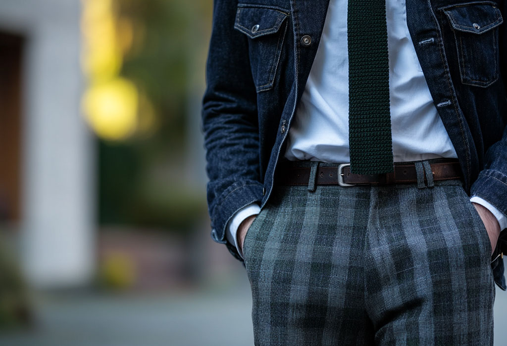 cropped dark wash denim jacket over a white oxford shirt, gray plaid wool trousers, and a green knit tie with a squared end