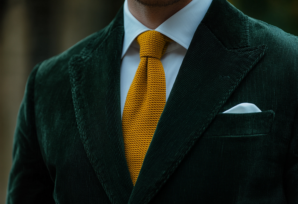 mustard yellow knit tie with corduroy jacket