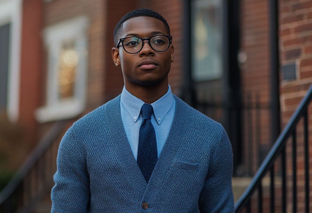 medium blue knit wool tie with light blue oxford shirt