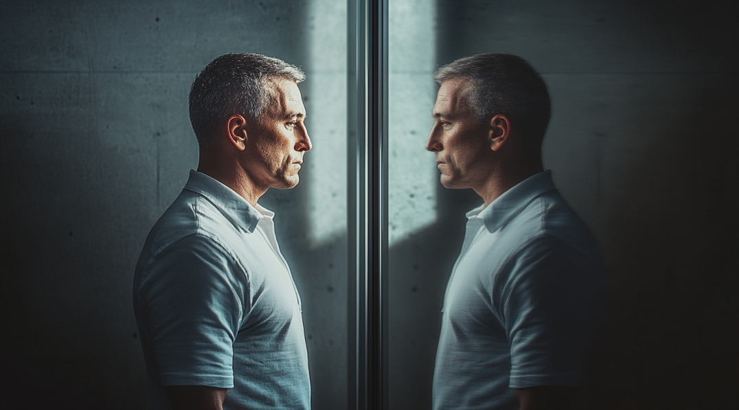 man looking into mirror
