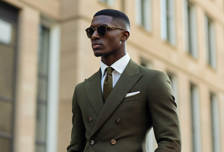 man wearing an olive green double breasted suit with wide, peak lapels