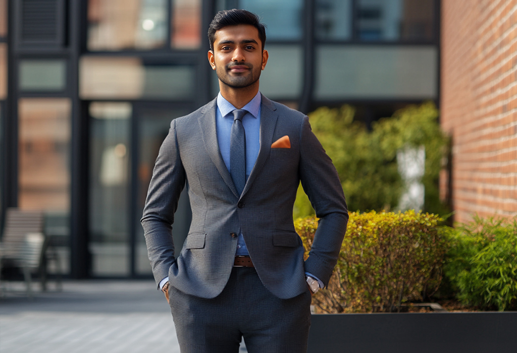 man in a well-fitted grey suit, accessorized with a bright orange pocket square, complementing his blue tie