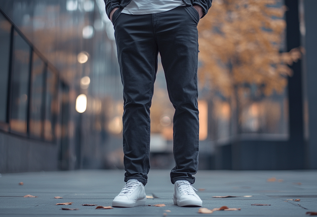casual outfit focusing on straight-leg dark pants paired with white sneakers