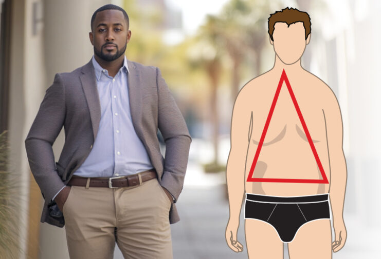 well-dressed man wearing a blazer and trousers on the left, with a triangular body shape illustration on the right, highlighting broader hips and a narrower upper body