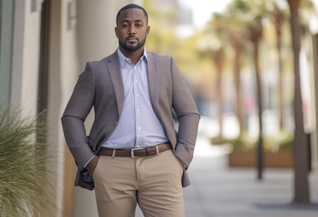 well-dressed man with wide hips standing confidently outdoors, wearing a blazer, a button-down shirt, and khaki trousers