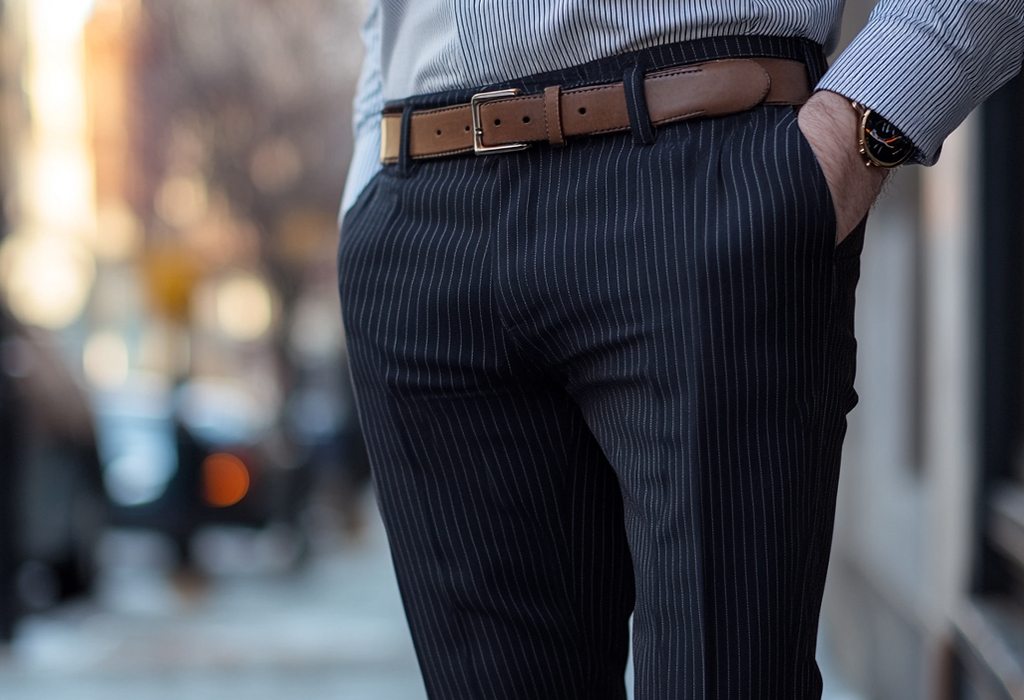 man withe wider hips wearing pinstriped trousers, a striped shirt, a brown leather belt, and a black watch