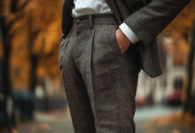 man wearing charcoal gray pleated pants with a white oxford cloth shirt and a brown tweed sport coat