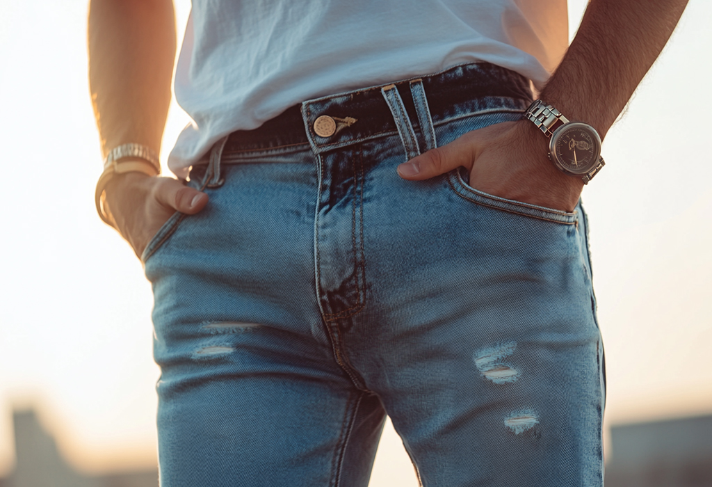 man wearing a white T-shirt and a wristwatch, with his hands in the pockets of lightly distressed jeans
