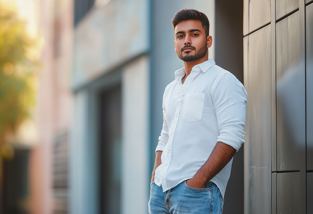 guy wearing non tucked dress shirt with rolled sleeves and blue jeans