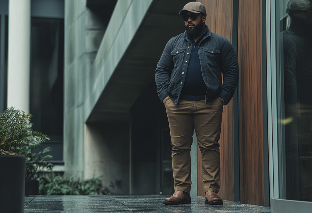 Confident big man wearing a denim jacket, cap, and chinos, showcasing casual style in an urban setting