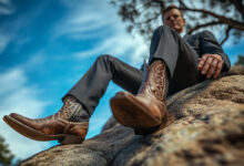 Cowboy Boots with a Suit: How to Wear Them the Right Way msn wearing cowboy boots and suit sitting on a rock