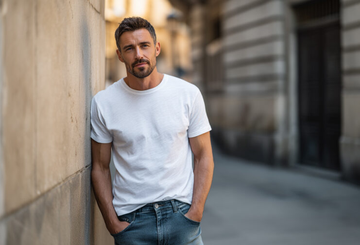 Man in a white T-shirt and jeans with a half-tuck, leaning casually against a wall, showing a relaxed yet stylish look
