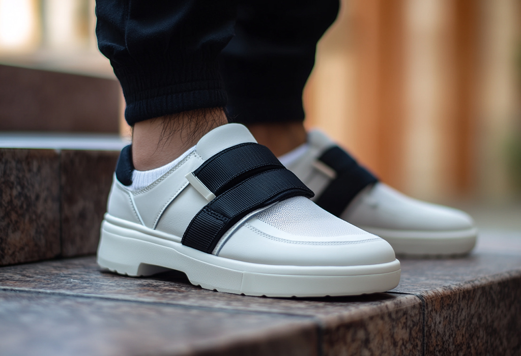 stylish man wearing velcro shoes with a smart-casual outfit, demonstrating a modern approach to menโs footwear