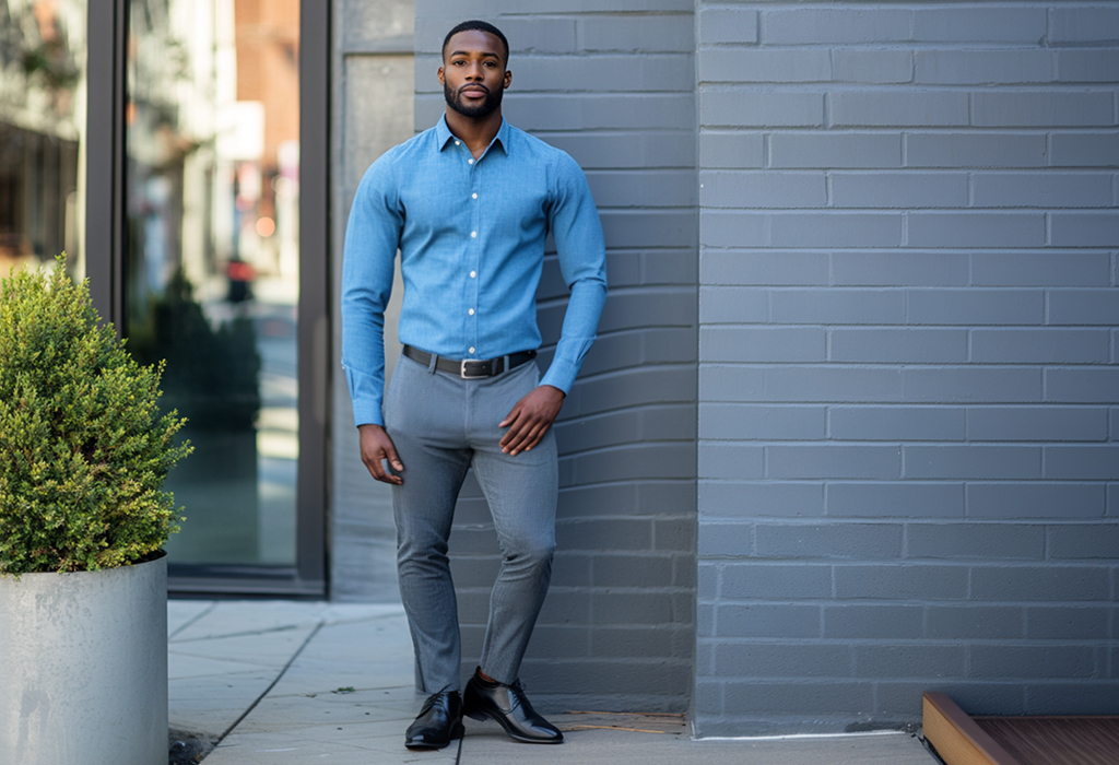 black guy with long torso and short legs wearing blue dress shirt