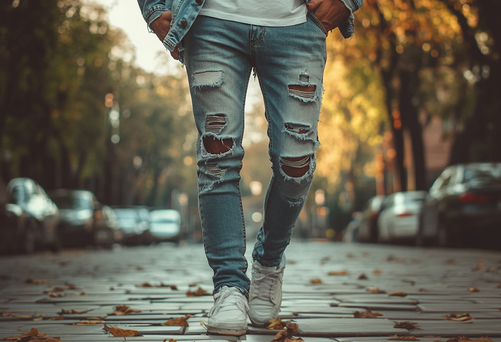 Close-up of a man walking on a leaf-strewn street in heavily ripped light-wash jeans and white sneakers, highlighting the distressed denim style