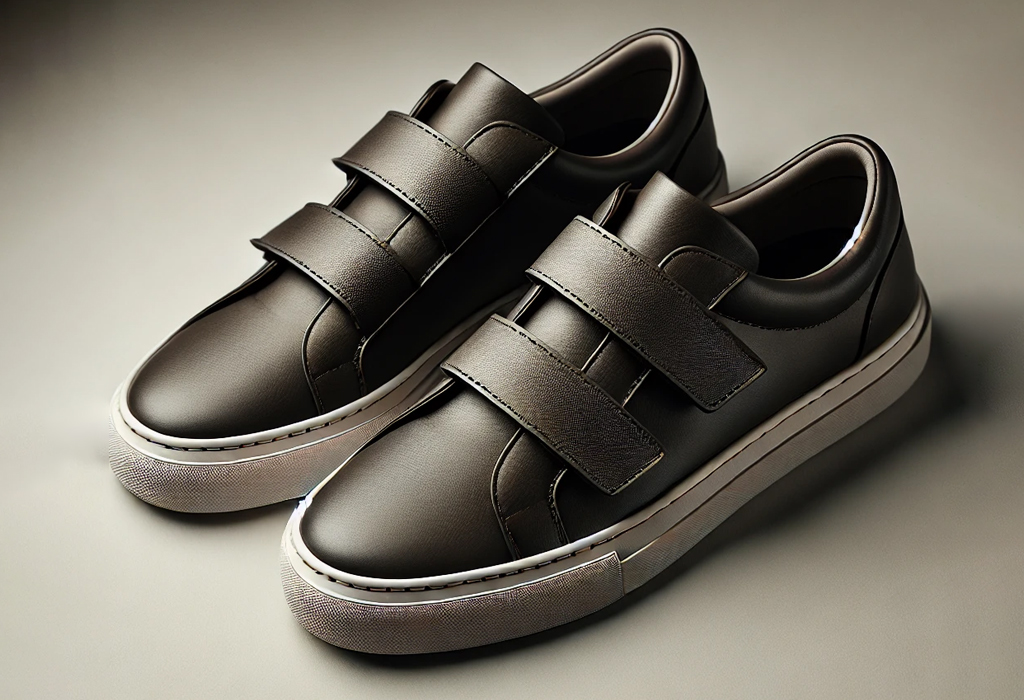 A pair of minimalist leather velcro shoes showcasing a sleek, modern design with clean lines for a contemporary look