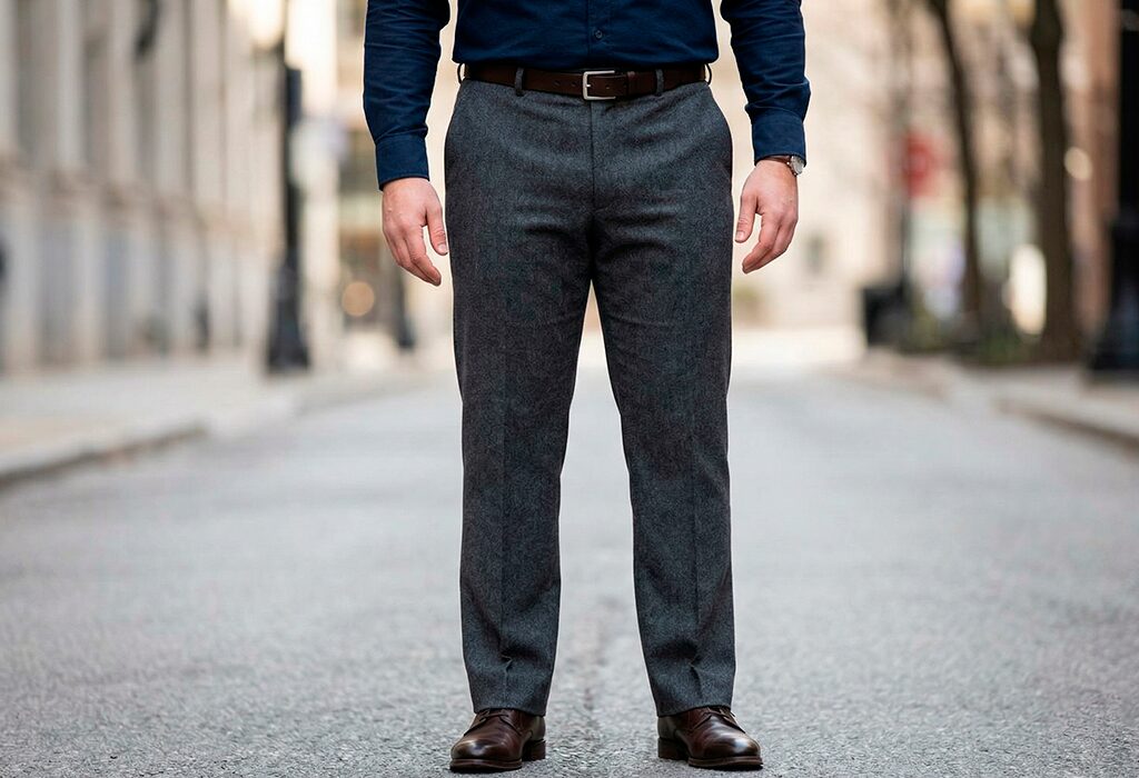 Gray trousers with straight fit and dark shoes creating cleaner lines through hips and legs