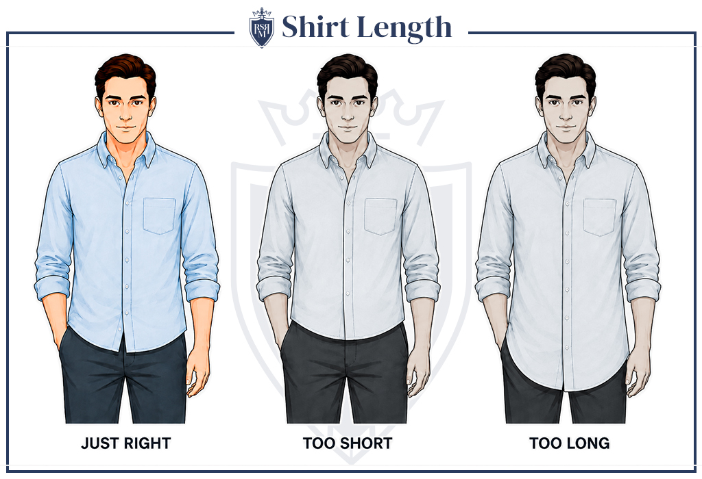 Illustrated shirt length guide showing just right, too short, and too long untucked button-up shirts.