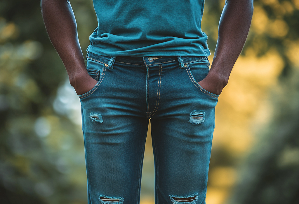 man wearing a teal T-shirt with his hands in the pockets of lightly ripped jeans, emphasizing a fitted denim style