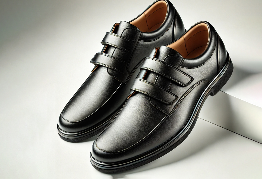 A pair of black leather velcro dress shoes featuring a sleek, polished design that combines modern convenience with a classic formal aesthetic