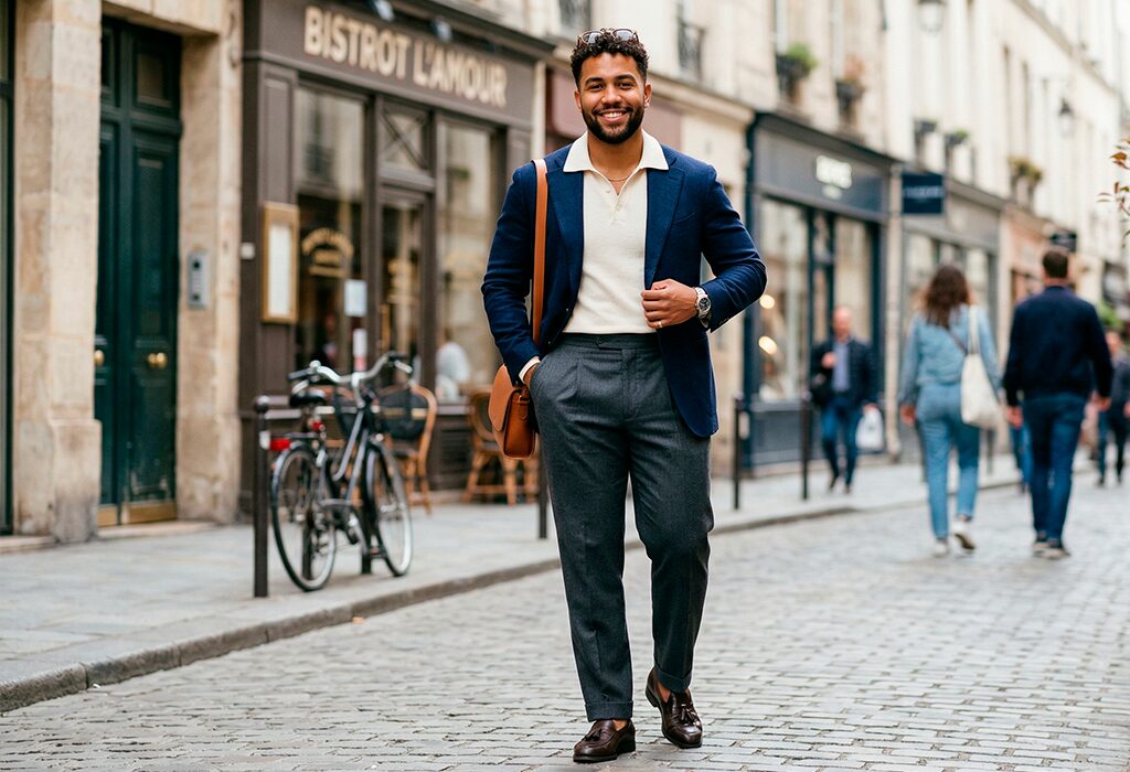 Stylish man in blazer and loafers using strong shoulders to balance wide hips